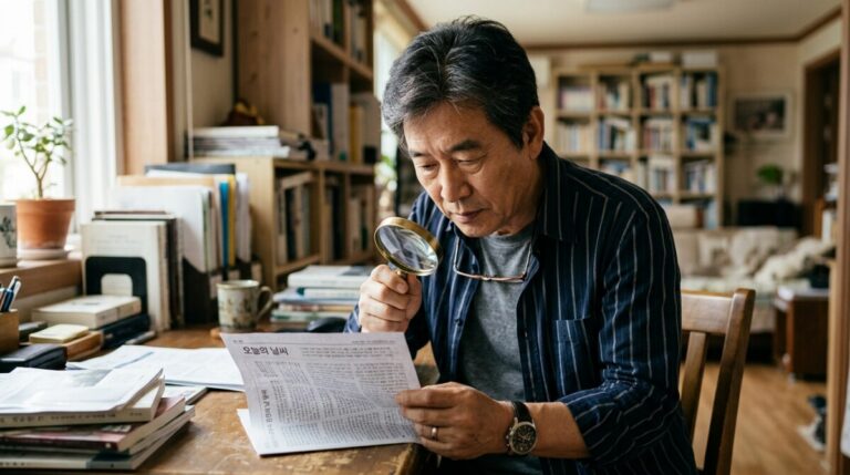 Man examining a Korean-language newspaper with a magnifying glass